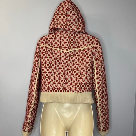 Free People Wool Blend Embroidered Crop Bomber Jacket Hooded Red Boho Women's M - Picture 11 of 16